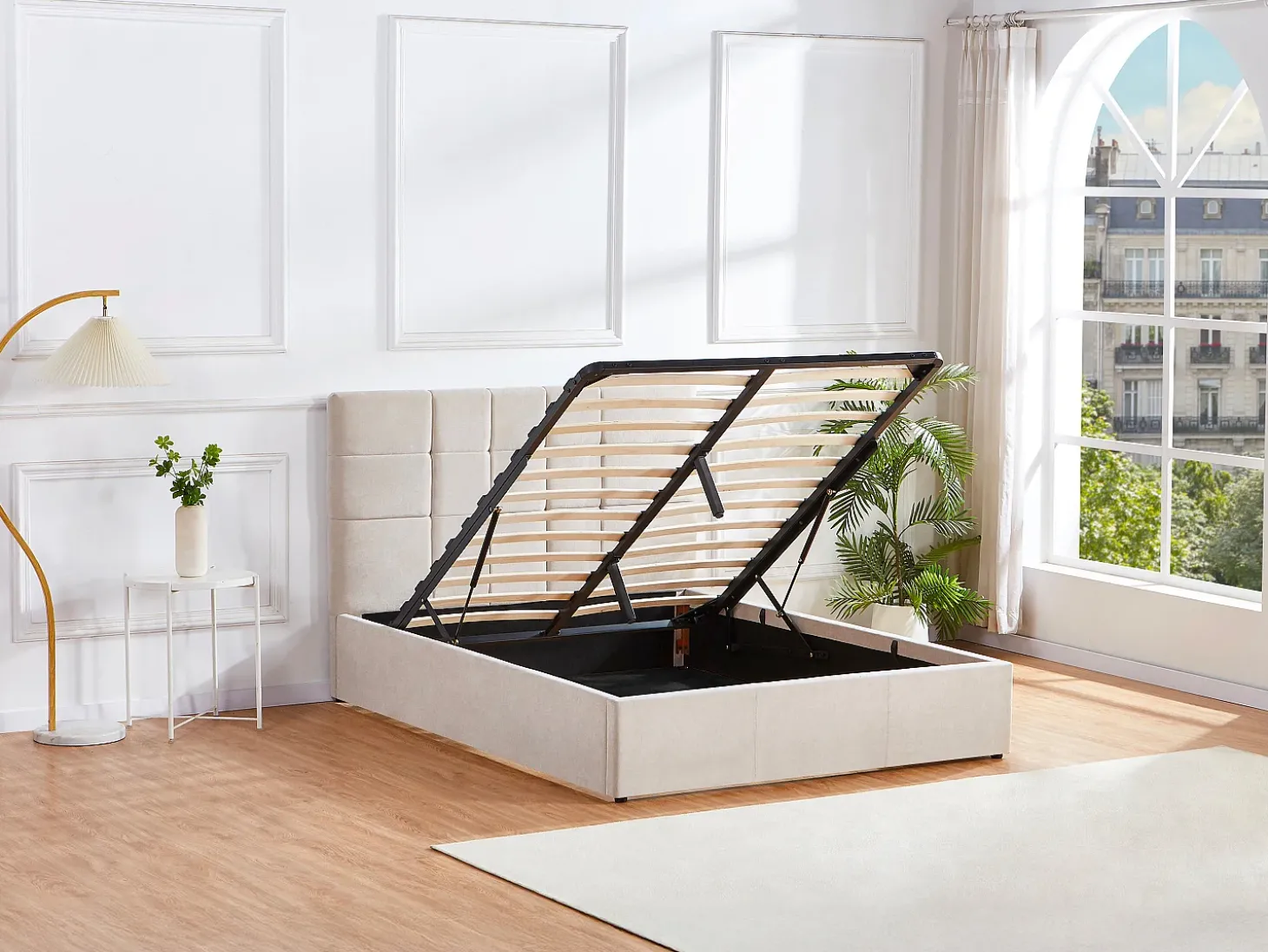 Cama com compartimento de arrumação 140 x 190 cm tecido cor bege - ELIAVA