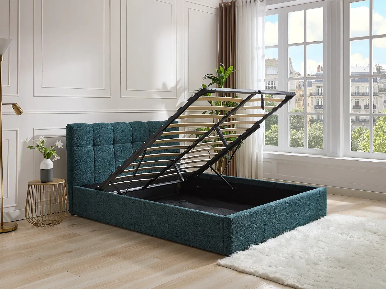 Cama com espaço de arrumação 160x200 cm tecido bouclé azul-esverdeado - MAZIRI