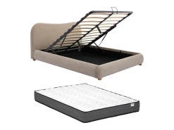 Cama com espaço de arrumação king size 180 x 200 cm em tecido cor taupe + colchão - VANARI