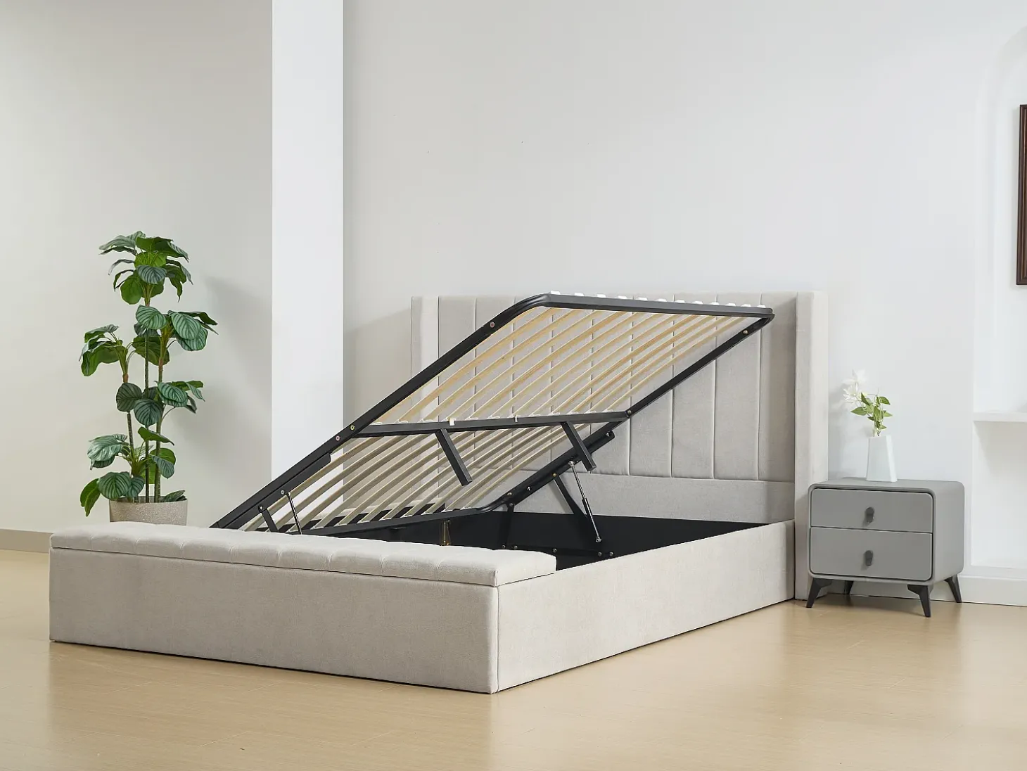 Cama com espaço de arrumação 160x200 cm com banco em tecido bege - DOUINO