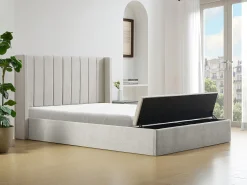 Cama com espaço de arrumação 160x200 cm com banco em tecido bege - DOUINO