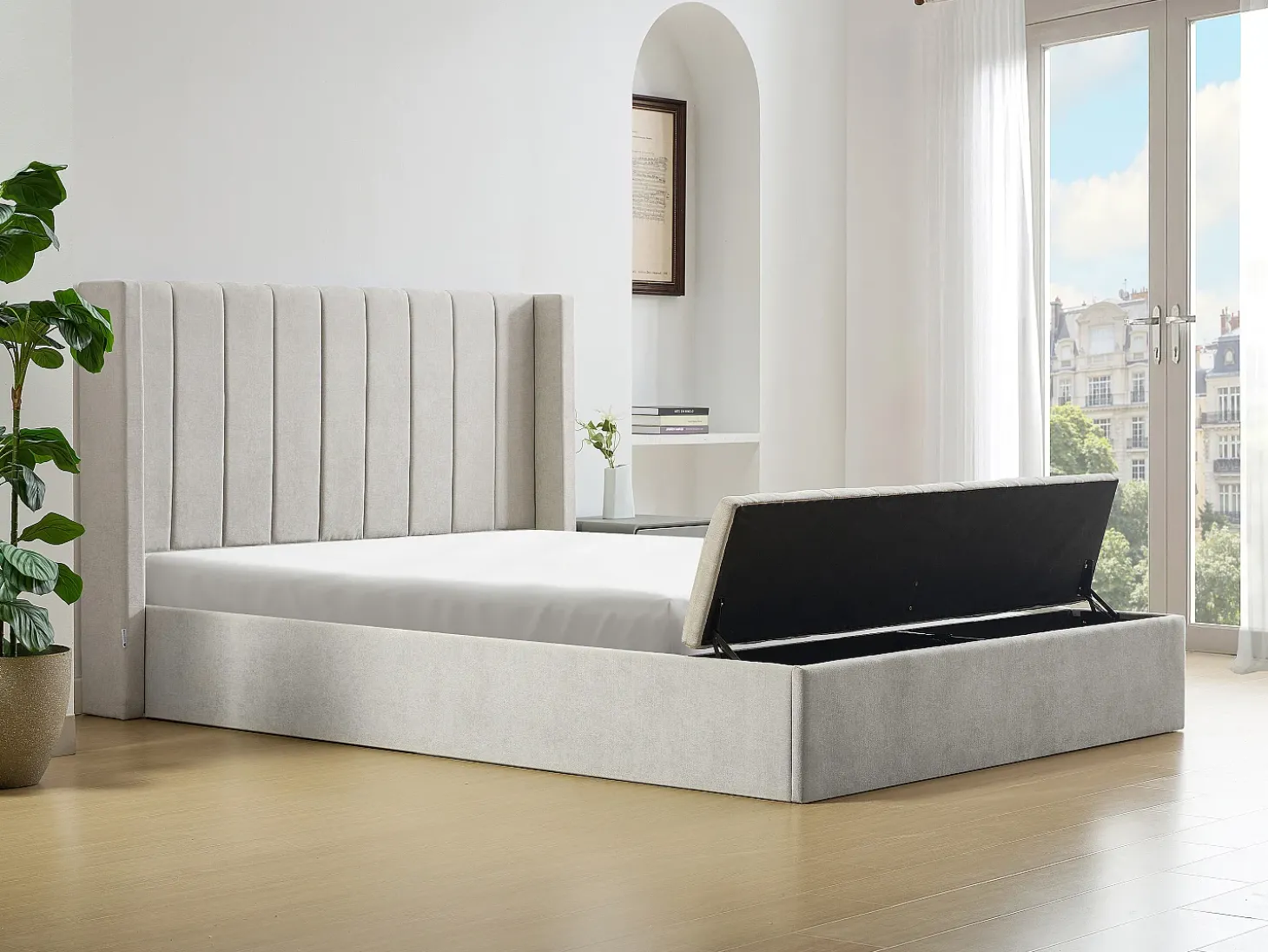 Cama com espaço de arrumação 160x200 cm com banco em tecido bege - DOUINO