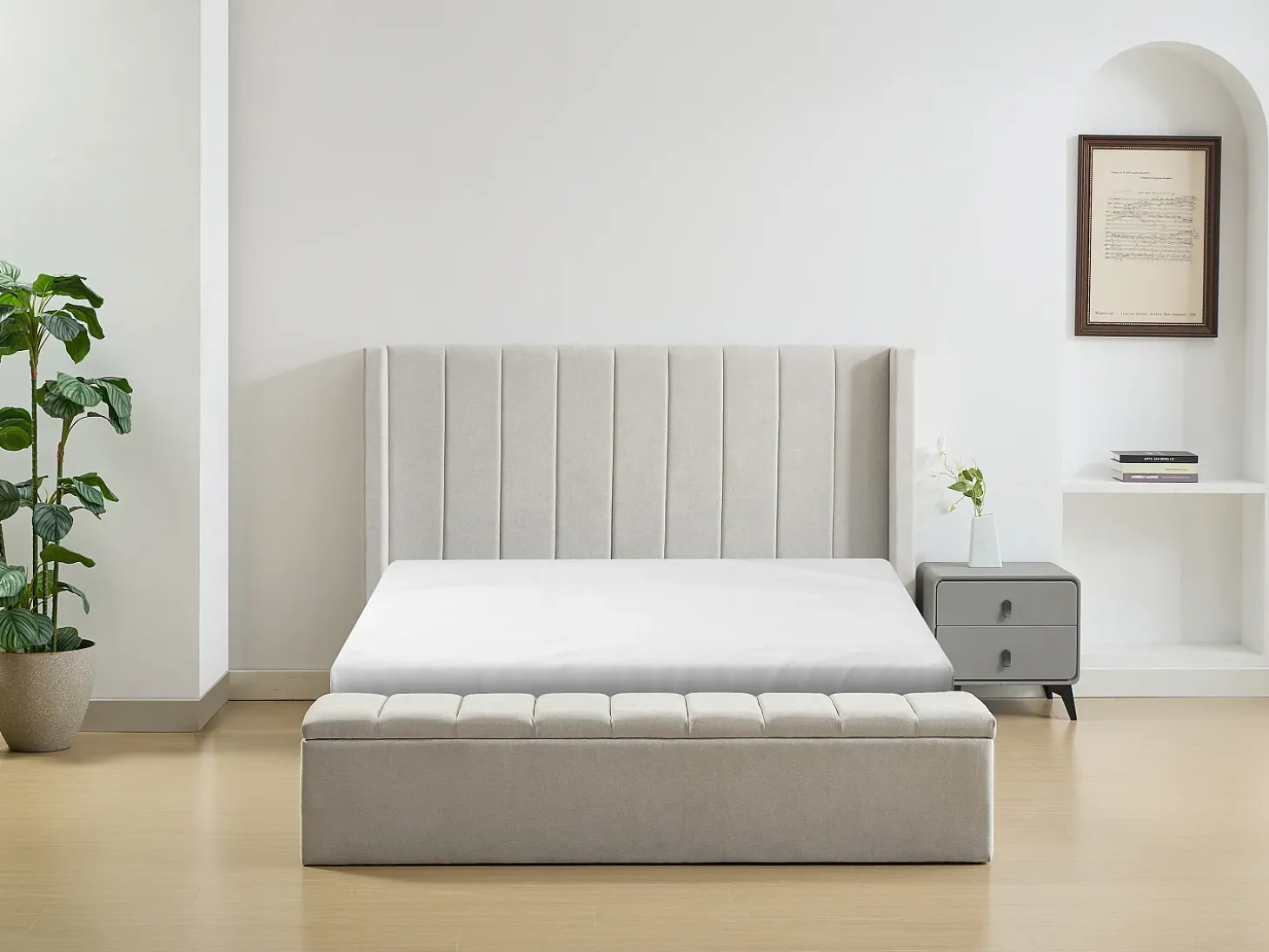 Cama com espaço de arrumação 160x200 cm com banco em tecido bege - DOUINO