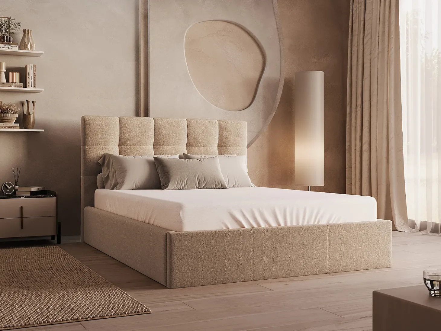 Cama com espaço de arrumação 140x190 cm veludo bege com colchão MIRDAL