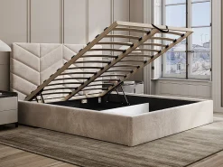 Cama com espaço de arrumação king size 200 x 200 cm em tecido texturizado creme + colchão - JUSTANI
