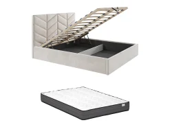 Cama com espaço de arrumação king size 200 x 200 cm em tecido texturizado creme + colchão - JUSTANI