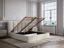 Cama com espaço de arrumação 180x200 cm cabeceira costuras verticais tecido bege - KILACLO