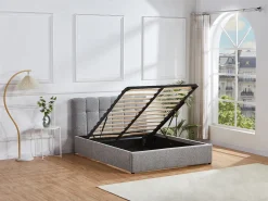 Cama com espaço de arrumação 140 x 190 cm em tecido bouclé cinzento + colchão - MAZIRI