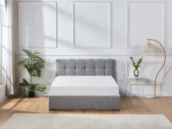 Cama com espaço de arrumação 140 x 190 cm em tecido bouclé cinzento + colchão - MAZIRI