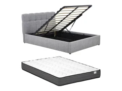 Cama com espaço de arrumação 140 x 190 cm em tecido bouclé cinzento + colchão - MAZIRI
