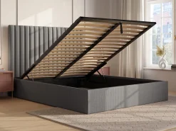 Cama com espaço de arrumação 140x190 cm cabeceira em veludo canelado cinza - SARAH
