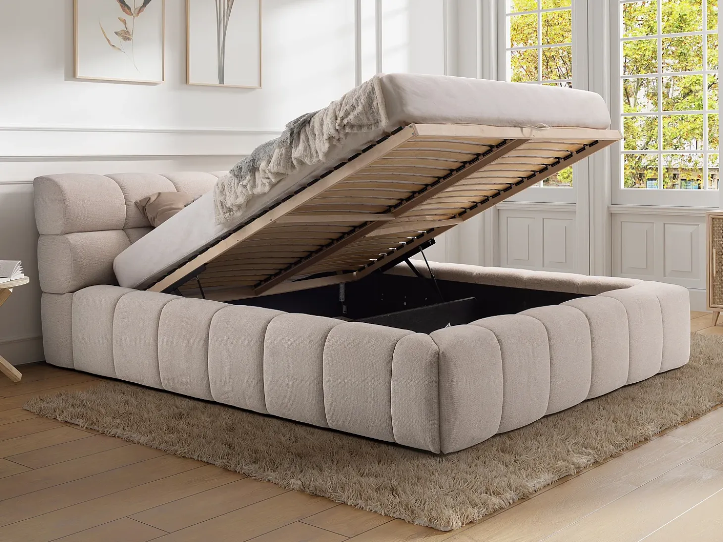 Cama com espaço de arrumação 180x200 cm tecido cor bege + colchão - FORVIK II