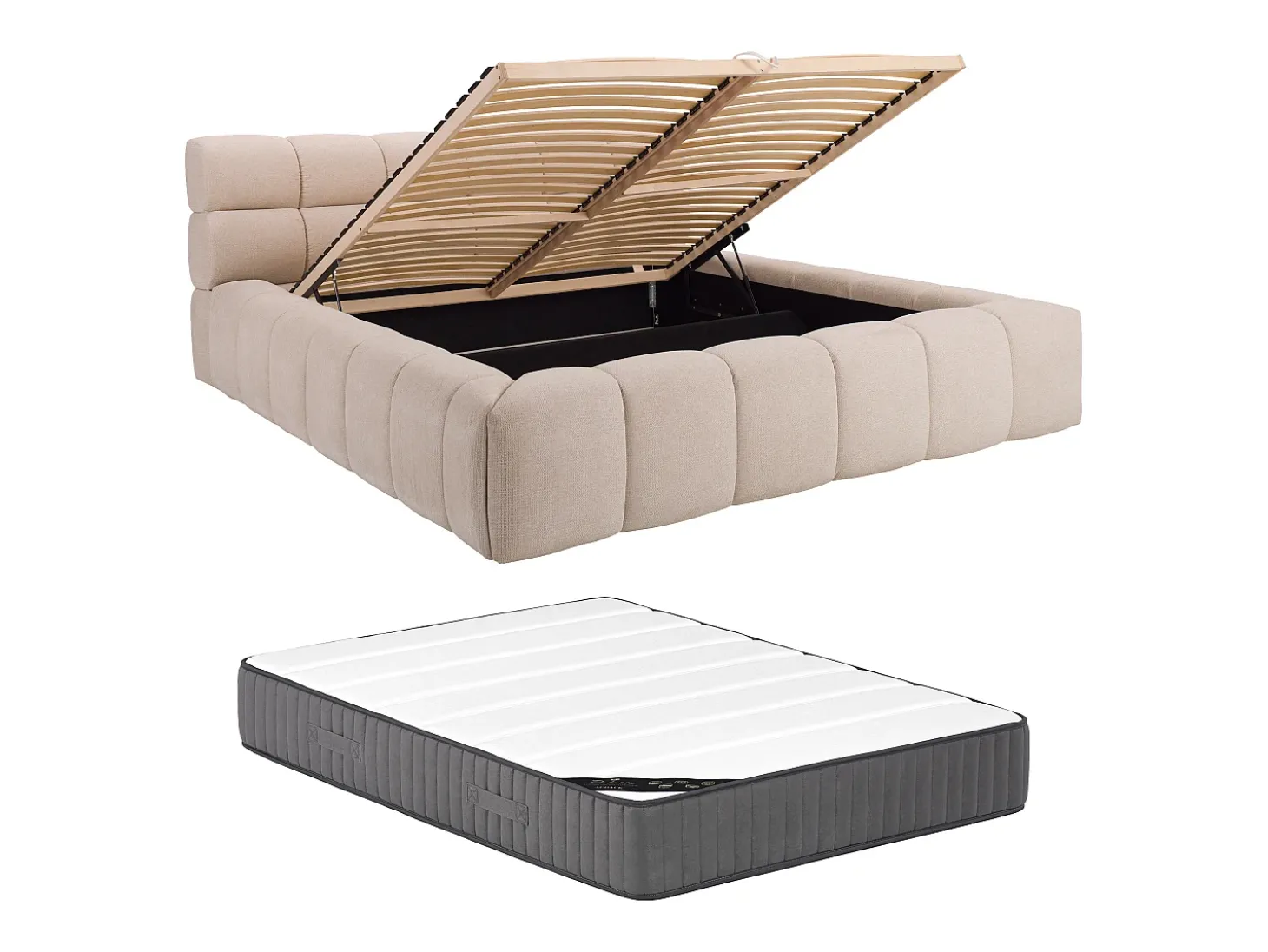 Cama com espaço de arrumação 180x200 cm tecido cor bege + colchão - FORVIK II