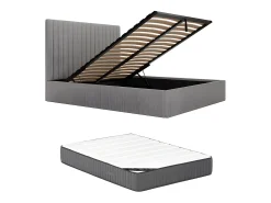 Cama com espaço de arrumação 140x190 cm cabeceira em veludo canelado cinza + colchão SARAH
