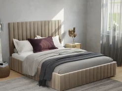 Cama com espaço de arrumação e cabeceira de cama com costuras verticais 160 x 200 cm veludo taupe - LARALI II