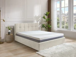 Cama com espaço de arrumação 140x190 cm tecido bouclé branco + colchão - MAZIRI