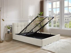 Cama com espaço de arrumação 140x190 cm tecido bouclé branco + colchão - MAZIRI