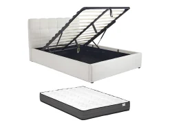 Cama com espaço de arrumação 140x190 cm tecido bouclé branco + colchão - MAZIRI