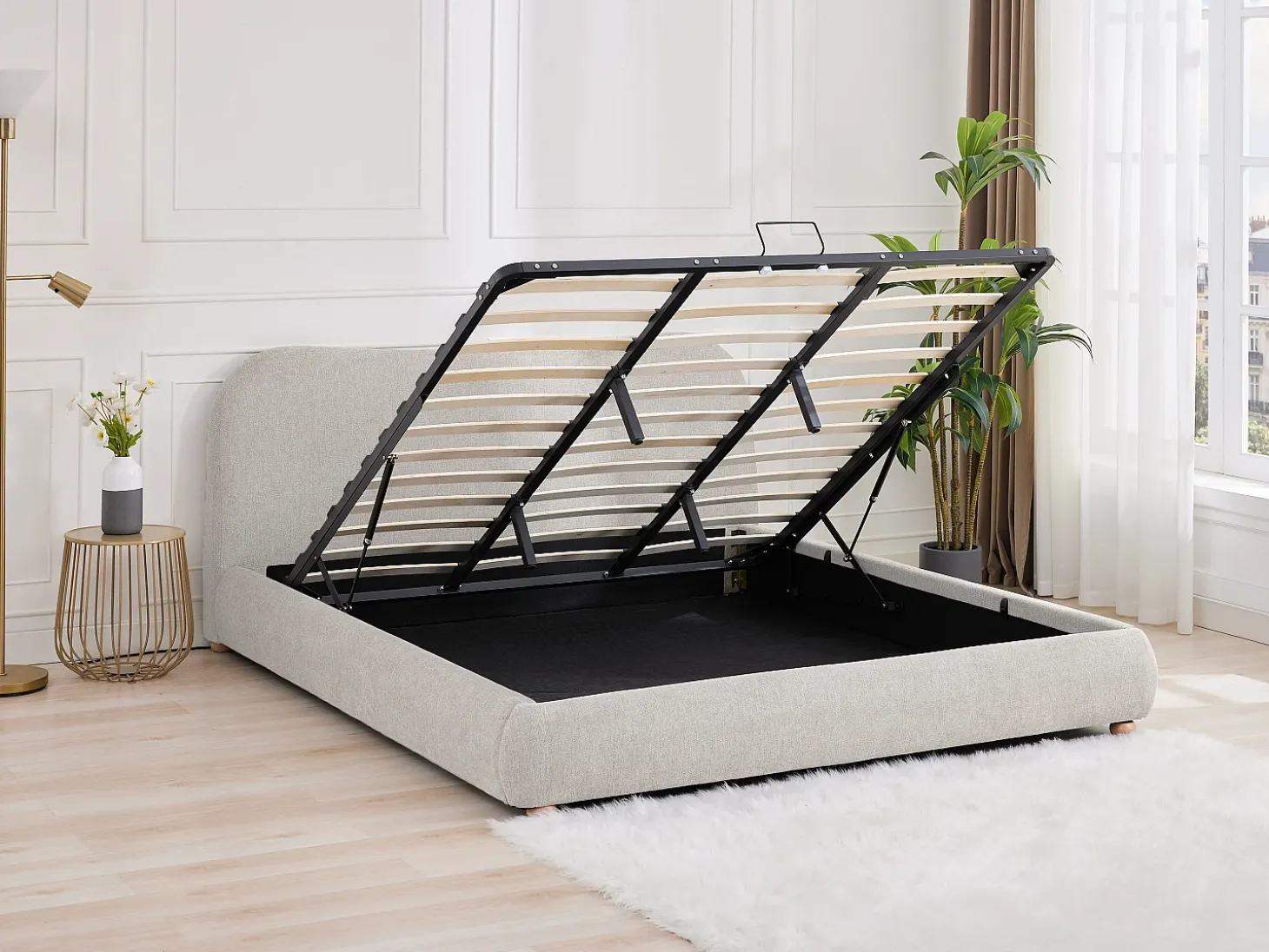 Cama com espaço de arrumação 180 x 200 cm tecido bege - VANARI