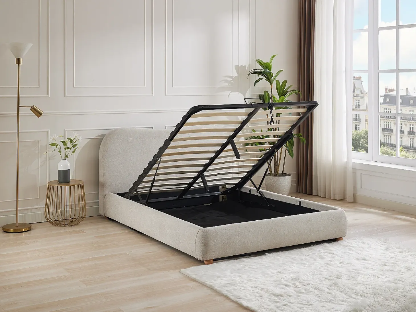 Cama com espaço de arrumação 140 x 190 cm tecido cor bege + colchão - VANARI