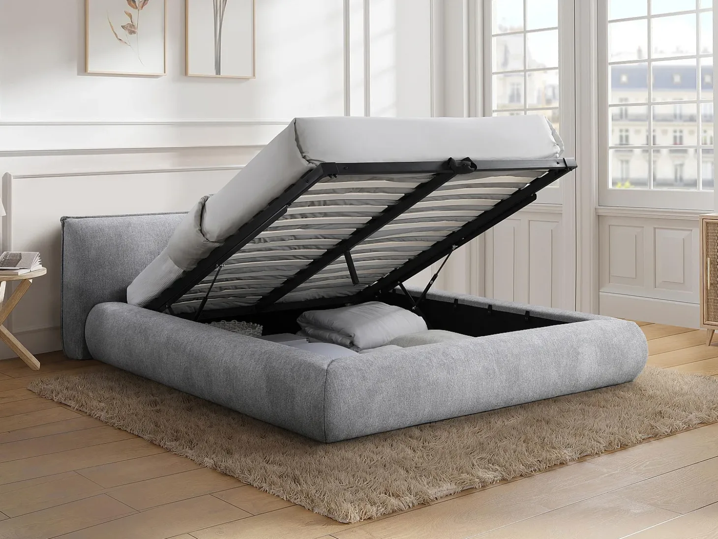Cama com espaço de arrumação king size 180 x 200 cm em tecido cor cinza claro - MIRSIO