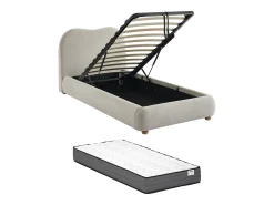 Cama com espaço de arrumação 90 x 190 cm tecido bege + colchão - VANARI