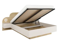 Cama com espaço de arrumação 160 x 200 cm com mesas de cabeceira e leds cor bege e natural - DARTAGNO