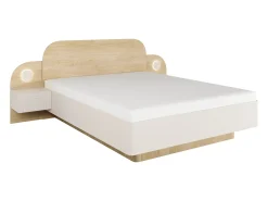 Cama com espaço de arrumação 160 x 200 cm com mesas de cabeceira e leds cor bege e natural - DARTAGNO