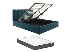 Cama com espaço de arrumação 140x190 cm tecido bouclé azul-esverdeado + colchão - MAZIRI