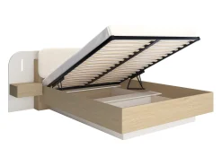 Cama com espaço de arrumação com mesinhas de cabeceira 160 x 200 cm com leds bege e natural + colchão - LYORIMA