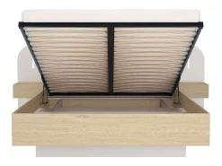 Cama com espaço de arrumação com mesinhas de cabeceira 160 x 200 cm com leds bege e natural + colchão - LYORIMA