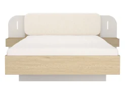 Cama com espaço de arrumação com mesinhas de cabeceira 160 x 200 cm com leds bege e natural + colchão - LYORIMA
