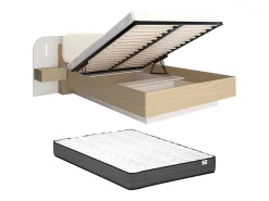 Cama com espaço de arrumação com mesinhas de cabeceira 160 x 200 cm com leds bege e natural + colchão - LYORIMA