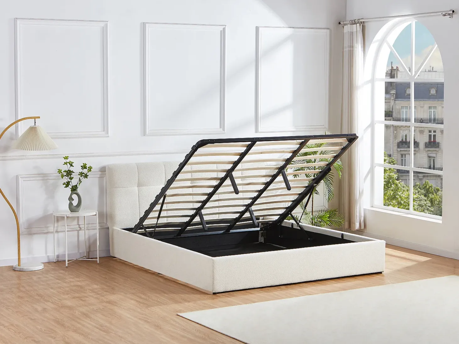 Cama com espaço de arrumação king size 180 x 200 cm em tecido bouclé branco + colchão - MAZIRI