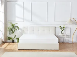 Cama com espaço de arrumação king size 180 x 200 cm em tecido bouclé branco + colchão - MAZIRI
