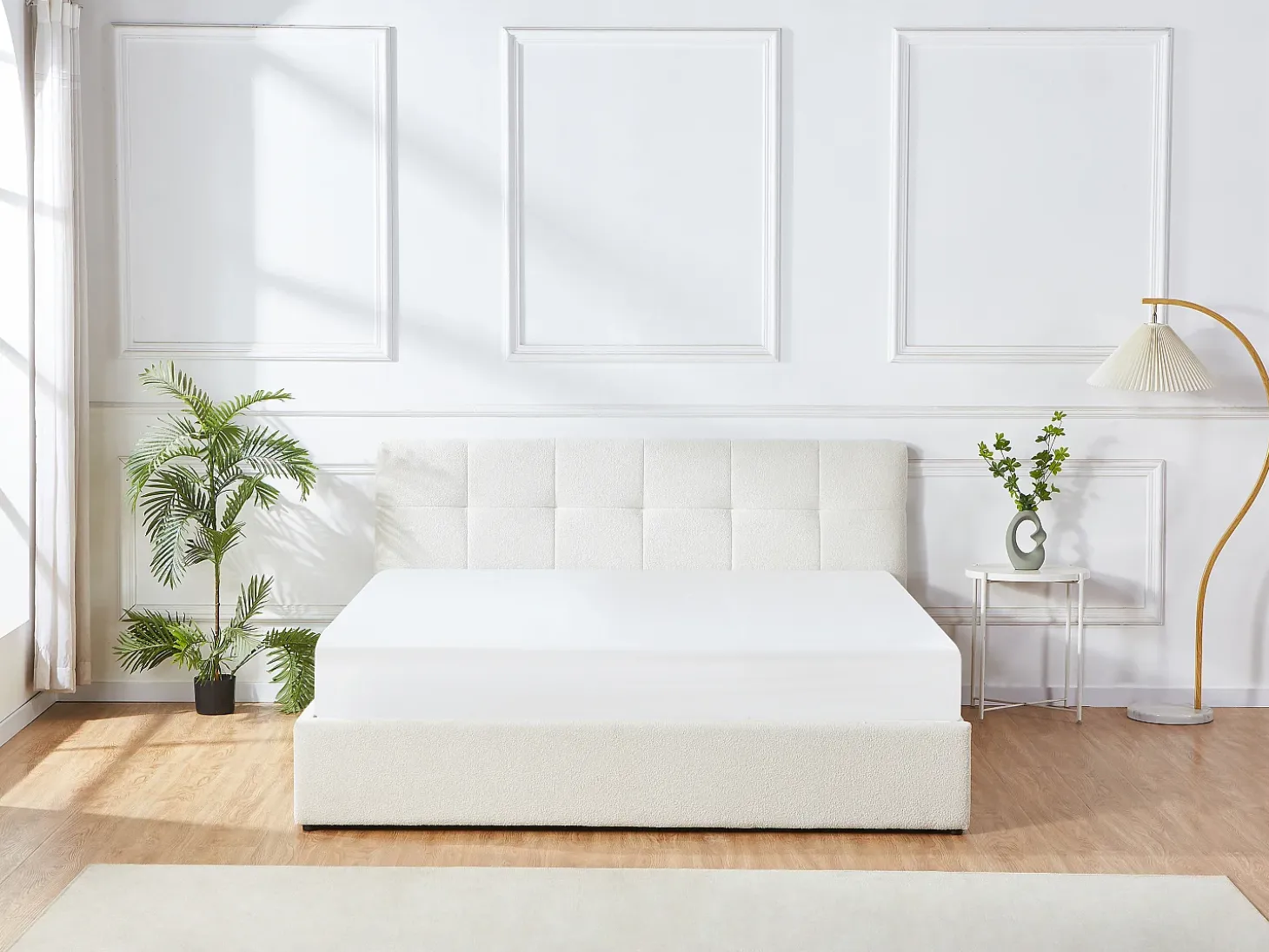 Cama com espaço de arrumação king size 180 x 200 cm em tecido bouclé branco + colchão - MAZIRI