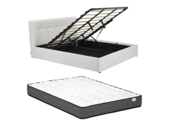 Cama com espaço de arrumação king size 180 x 200 cm em tecido bouclé branco + colchão - MAZIRI