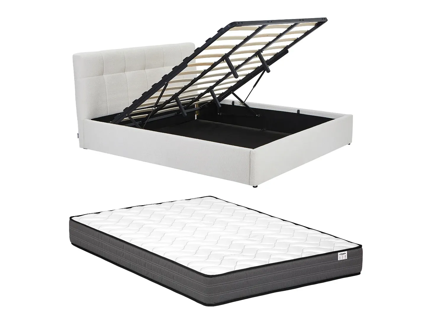 Cama com espaço de arrumação king size 180 x 200 cm em tecido bouclé branco + colchão - MAZIRI