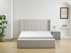 Cama com espaço de arrumação 180x200 cm com banco em tecido bege - DOUINO