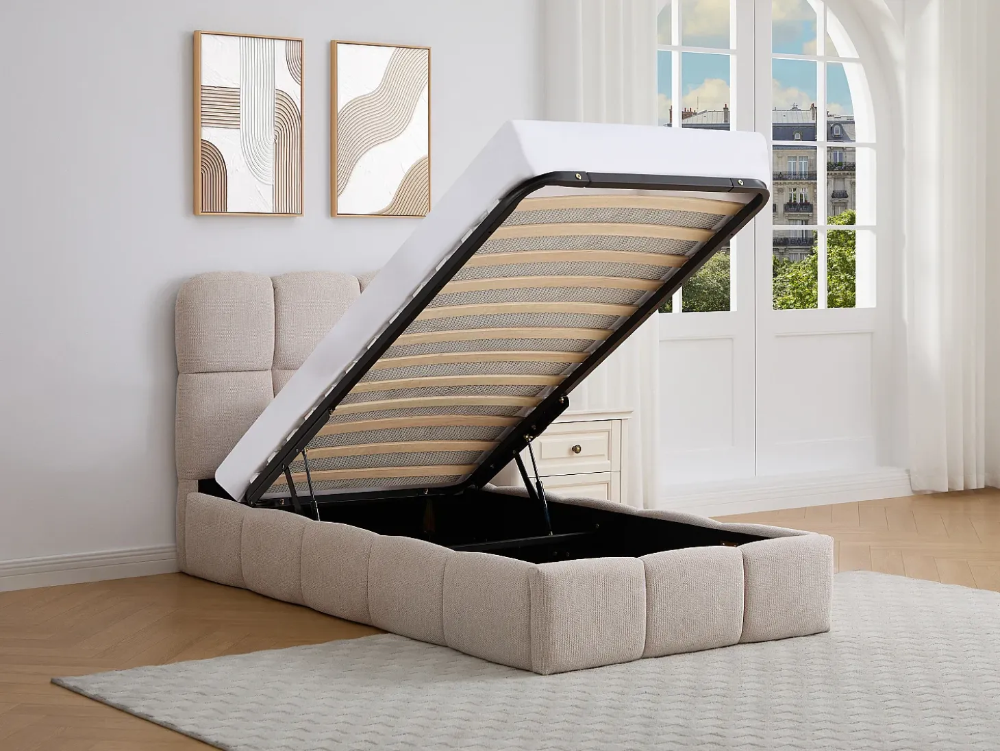Cama com espaço de arrumação 90 x 190 cm em tecido texturizado cor bege - DILUDO