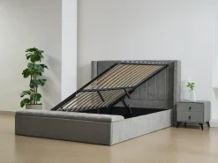 Cama com espaço de arrumação 180x200 cm com banco em tecido cinza + colchão - DOUINO