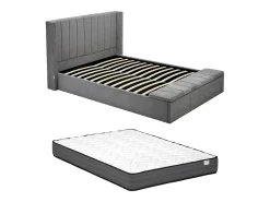 Cama com espaço de arrumação 180x200 cm com banco em tecido cinza + colchão - DOUINO