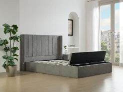 Cama com espaço de arrumação 180x200 cm com banco em tecido cinza + colchão - DOUINO