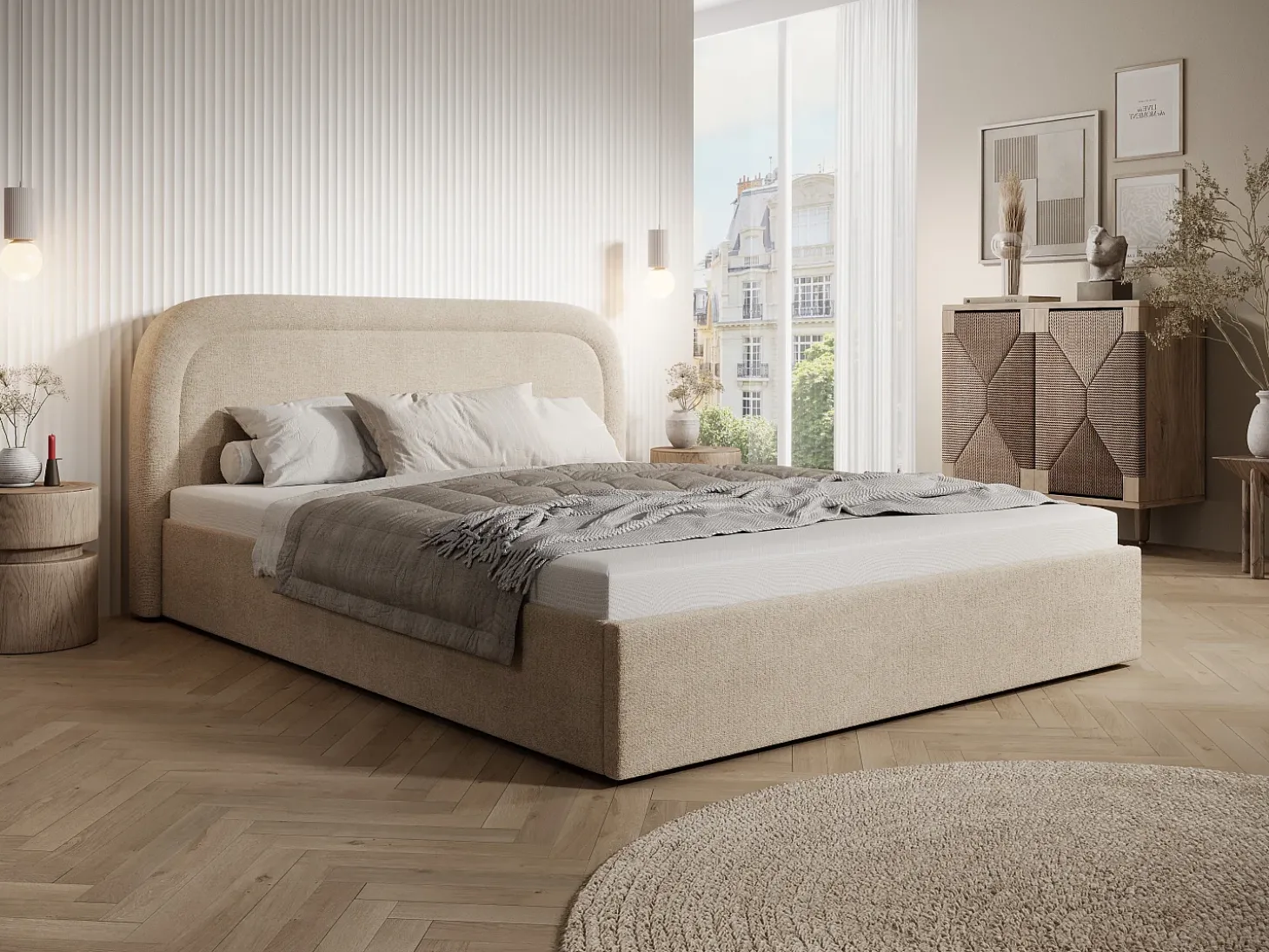 Cama com espaço de arrumação 180x200 cm tecido matizado bege + colchão - FIREZA