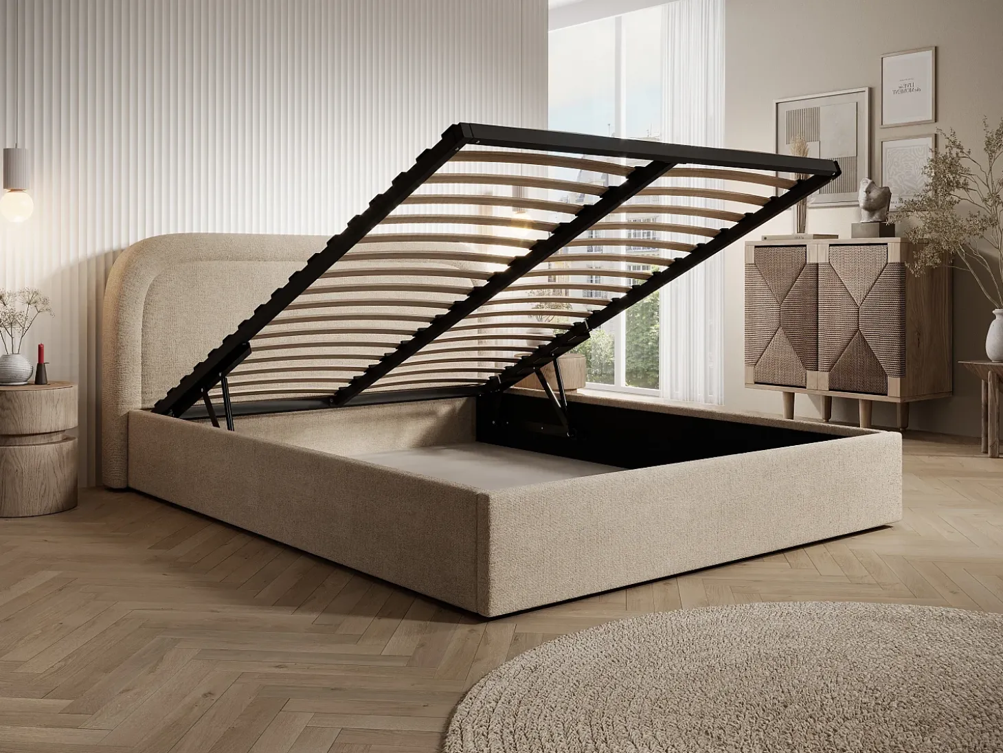 Cama com espaço de arrumação 180x200 cm tecido matizado bege + colchão - FIREZA
