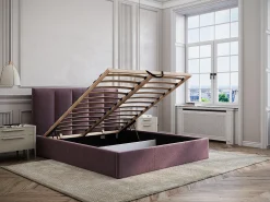 Cama com espaço de arrumação queen size 160 x 200 cm cabeceira de costuras verticais tecido bordeaux - KILACLO