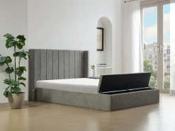 Cama com espaço de arrumação 140x190 cm com banco em tecido cinza - DOUINO