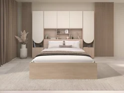 Cama com espaços de arrumação 140 x 190 cm com arrumação e LEDs bege e natural + estrado + colchão - DOMELITO