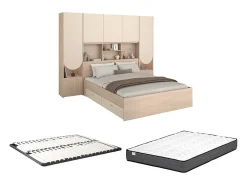 Cama com espaços de arrumação 140 x 190 cm com arrumação e LEDs bege e natural + estrado + colchão - DOMELITO