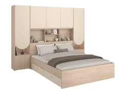 Cama com espaços de arrumação 140 x 190 cm com arrumação e LEDs bege e natural + estrado + colchão - DOMELITO